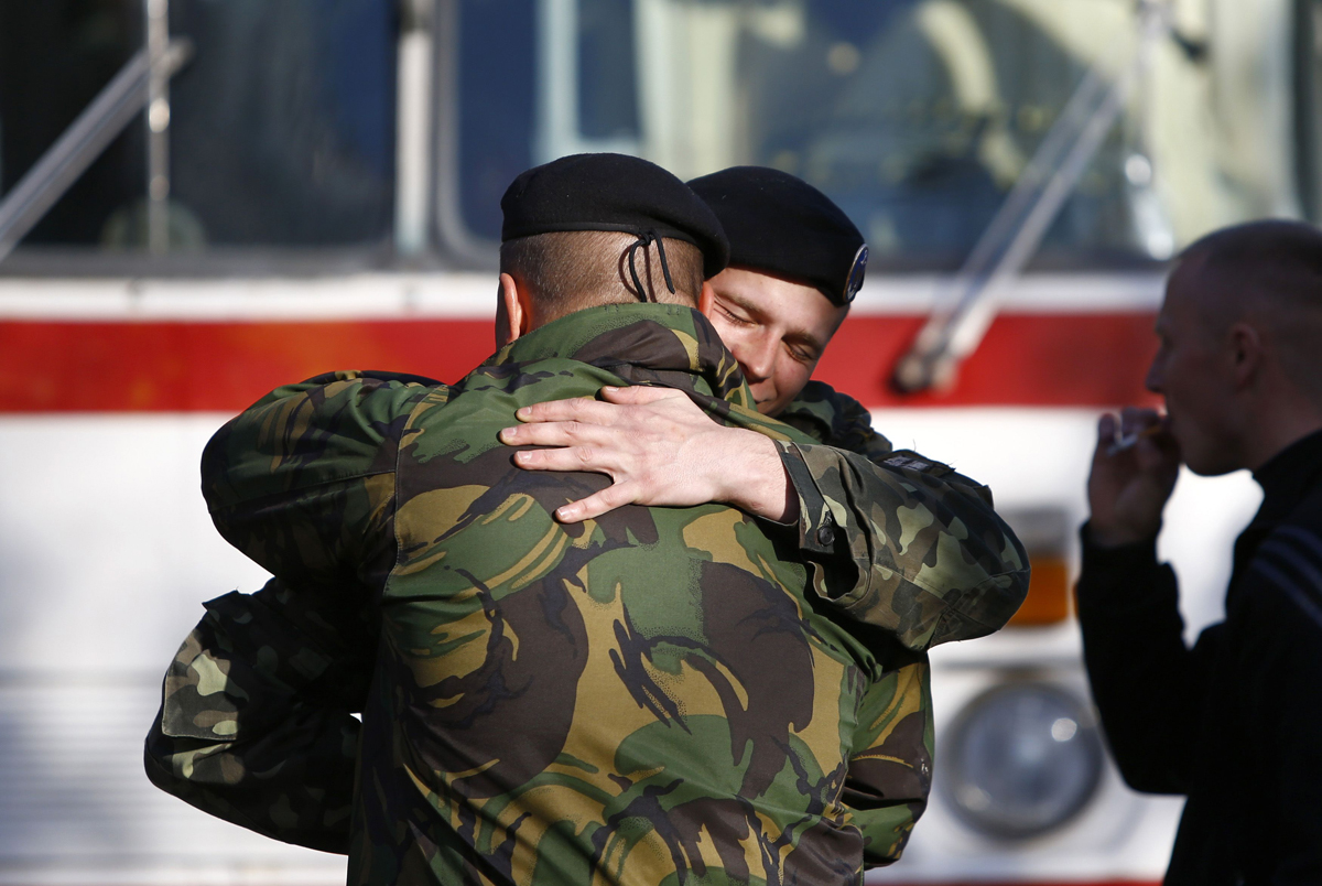 Ukrainian Marines Say Farewell Before Departing Crimea Outside A Ukrainian Military Base In The